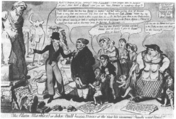 Английский взгляд на «Мраморы Элгина» в 1816 г.: «Мраморы Элгина, или Джон Булль покупает мраморы, тогда как его многочисленное семейство требует хлеба»
