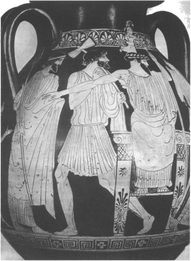 Рождение Афины из головы Зевса. Слева от Зевса — Гефест с топором.