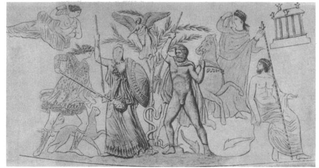 Западный фронтон Парфенона. Рисунок на вазе из Керчи, IV в. до P. X.