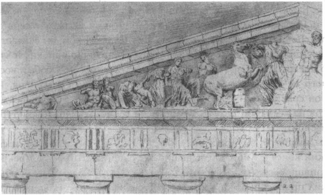 Западный фронтон Парфенона. Рисунок Ж. Каррея 1674 г.