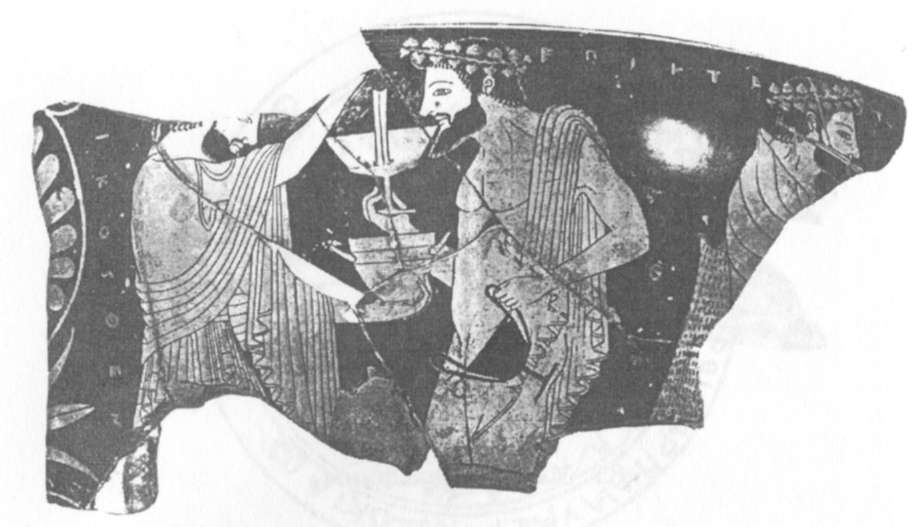 33. Праздник в честь Диониса. Фрагмент аттического краснофигурного канфара мастеров Эпиктета и Никосфена. Конец VI в. Найден на о. Левка.