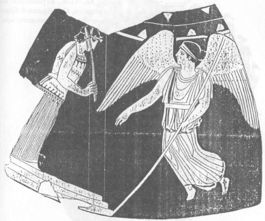 43. Авлет-победитель и Ника. Фрагмент аттической краснофигурной пелики. V в.