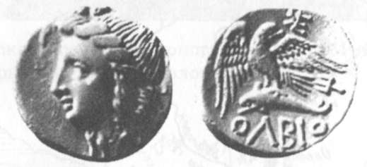 48. Деметра и эмблема Ольвии. Серебряная монета. III в.