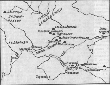 Рис. 54. Карта крупнейших скифских курганов