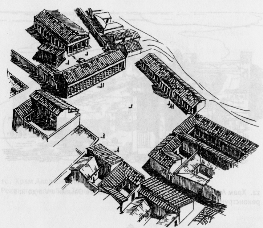14. Агора и Центральный теменос Ольвии с храмами Аполлона Дельфиния и Зевса в IV-III вв. до н. э. Реконструкция С. Д. Крыжицкого.