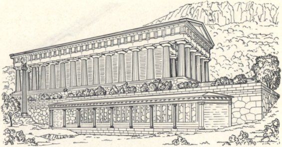 Реконструкция стои афинян, храма Аполлона и колонны со сфинксом