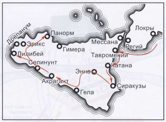 Карта IX. Походы Пирра на Сицилии