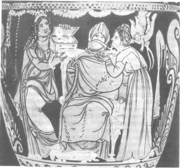 Туалет замужней женщины. Деталь росписи пиксиды. Около 325 г. до н.э. Москва, ГМИИ им. A.C. Пушкина
