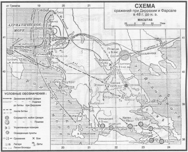 Схема сражения при Диррахии и Фарсале в 48 г. до н. э.