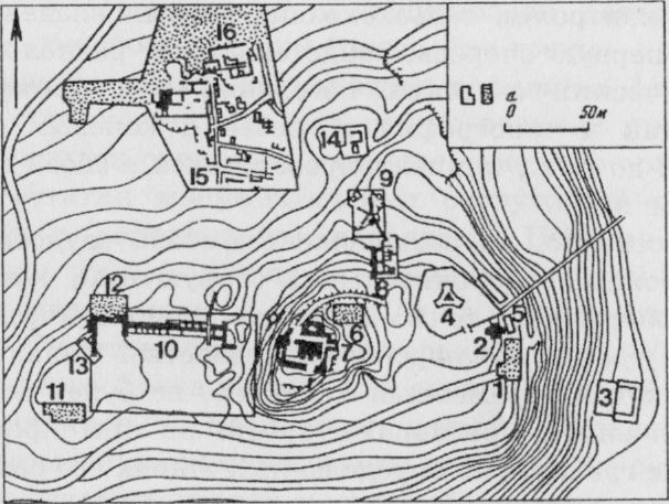 Схематический план Пантикапея: 1-16 - раскопы на территории древнего городища 