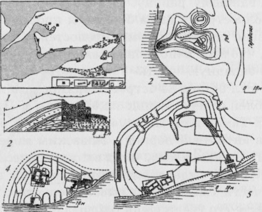 Боспорские крепости на Фанталовском полуострове: 1 -схема расположения крепостей; 2 - Каменная батарейка, план; 3 - Батарейка I, план сохранившихся остатков; 5 - Патрей, план крепости