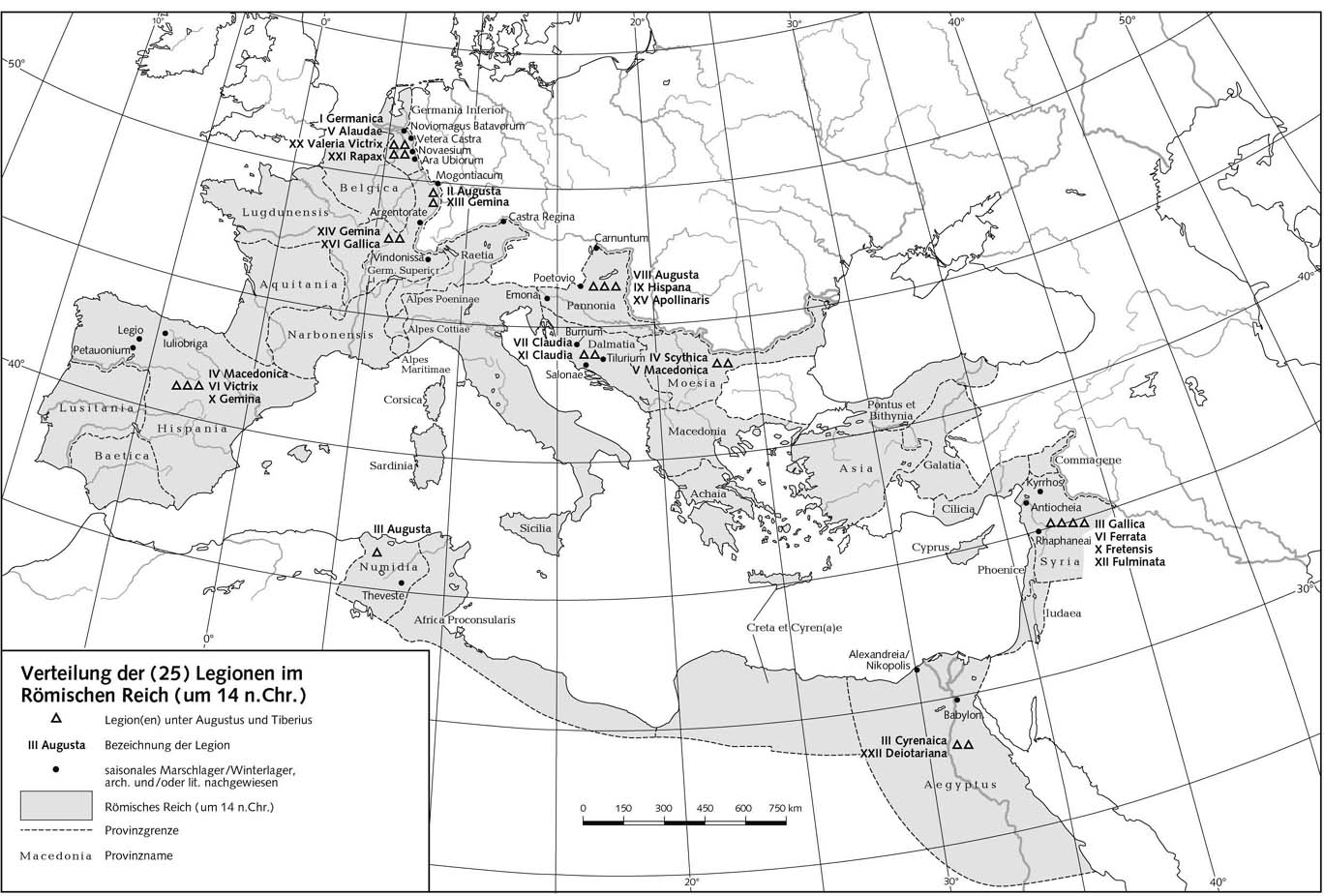 Распределение легионов (25) по Римской империи (ок 14 г. н.э.)