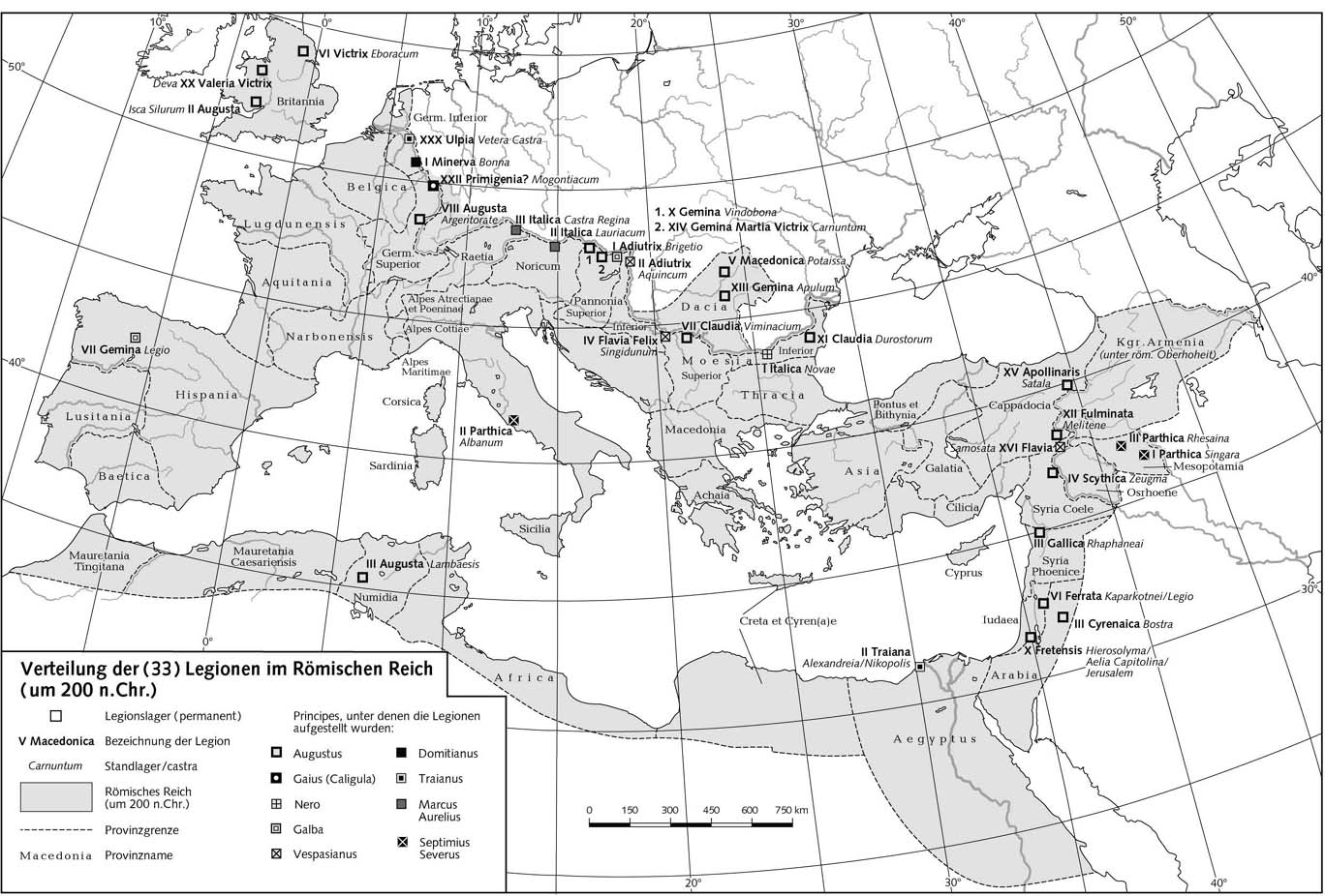 Распределение легионов (33) в римской империи (ок 200 г. н.э.)