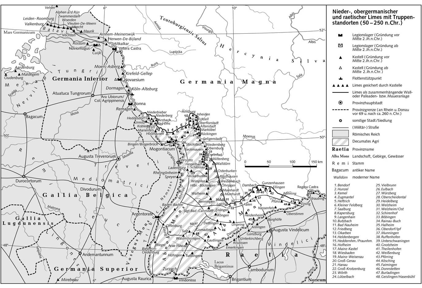 Нижне-, верхнегерманские и ретские границы и стоянки войск (50-250 г. н.э.)