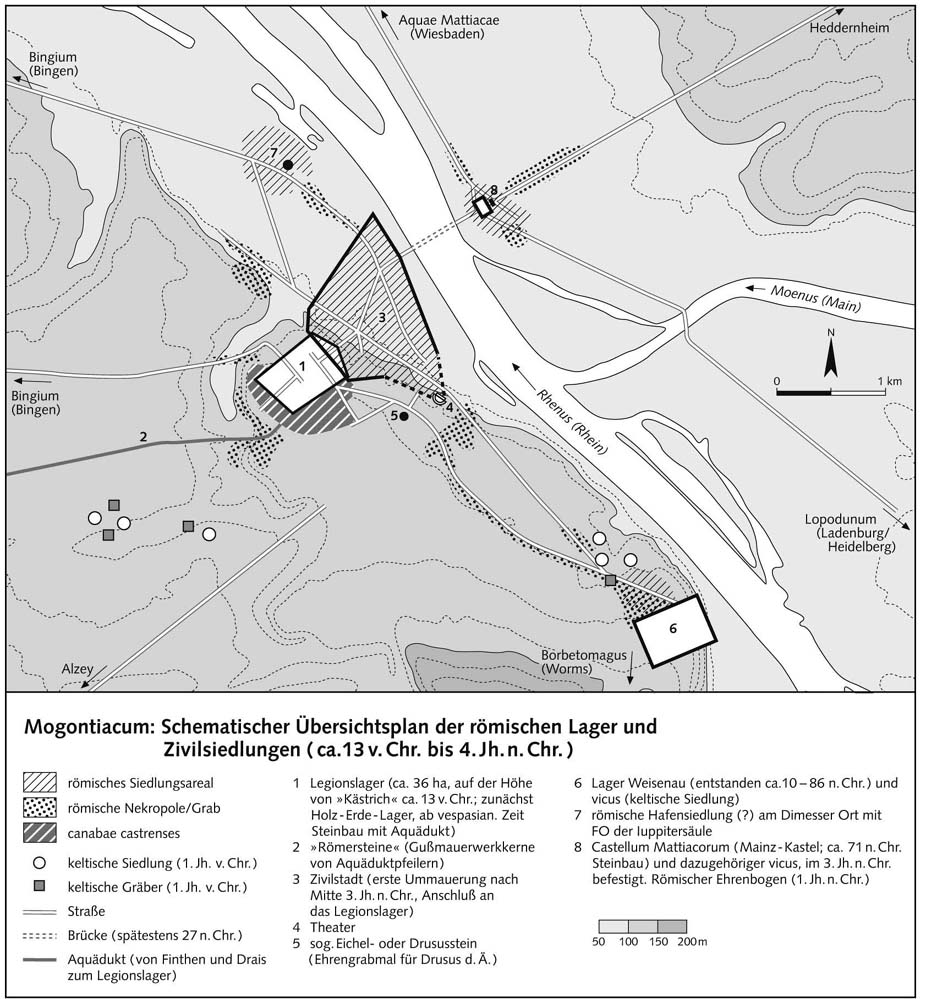 Могонтиак: схематичный план римского лагеря и мирных поселений (14 г. до н.э. - IV в. н.э.)