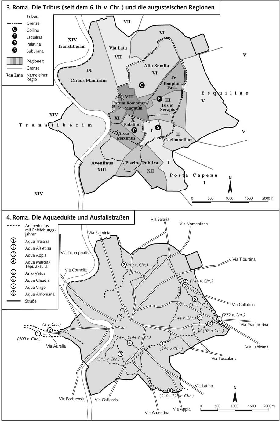 Рим. Трибы (с VI в. до н.э.) и районы Августа. Акведуки и магистрали - План города